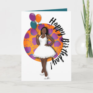 Happy Birthday! Black Woman, Balloons & Flowers Card
