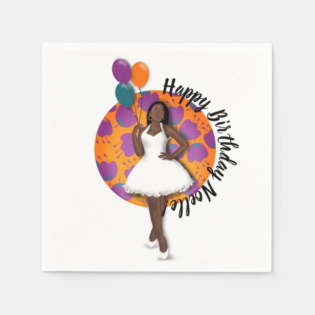 Happy Birthday! Black Woman, Balloons & Flowers Napkin (Front)