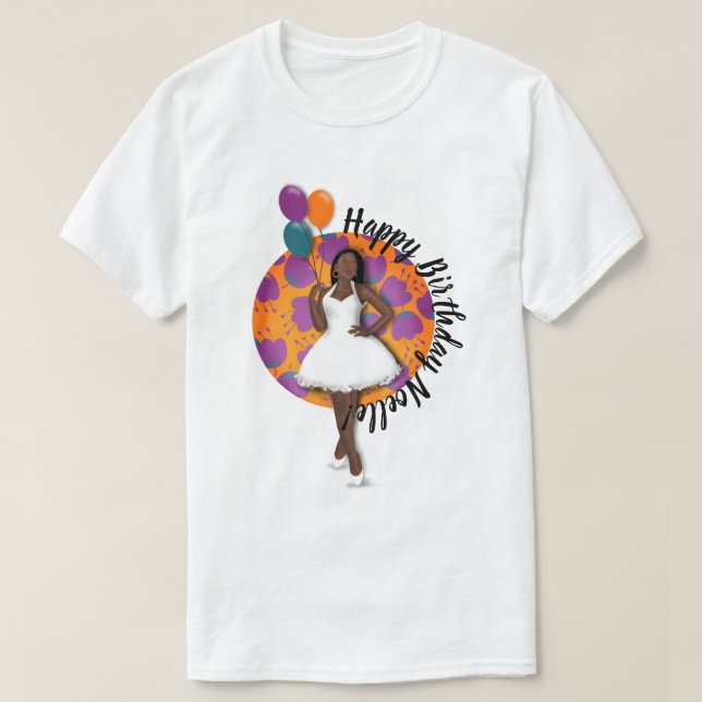 Happy Birthday! Black Woman, Balloons & Flowers  T-Shirt (Design Front)