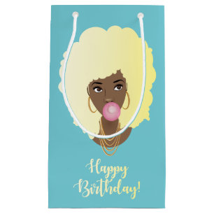 Happy Birthday! Black Woman Blonde Afro, Bubblegum Small Gift Bag