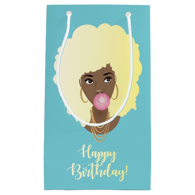 Happy Birthday! Black Woman Blonde Afro, Bubblegum Small Gift Bag (Front)
