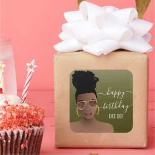 Happy Birthday Black Woman Gold Shades Olive Green Square Sticker