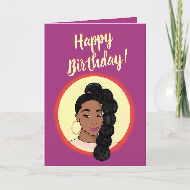 Happy Birthday! Black Woman, High Puff Ponytail Card (Front)