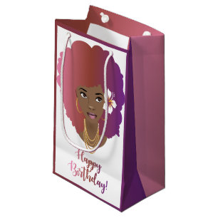 Happy Birthday! Black Woman, Pink & Purple Afro Small Gift Bag