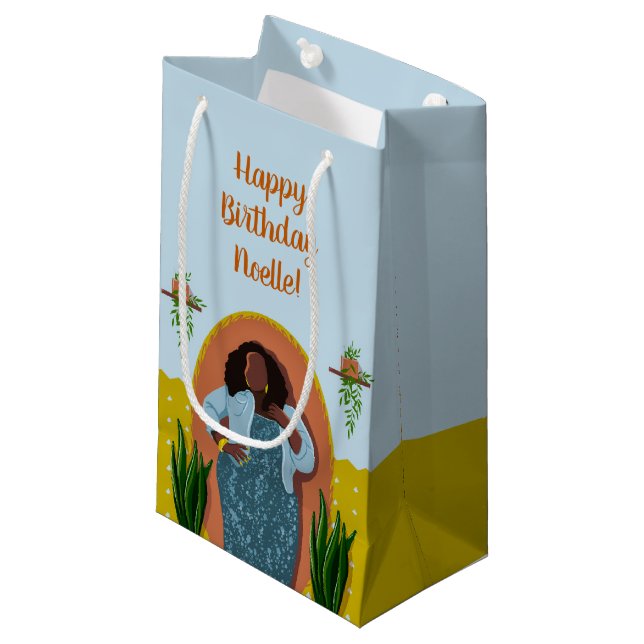 Happy Birthday, Black Woman, Plants, Blue Yellow Small Gift Bag (Front Angled)