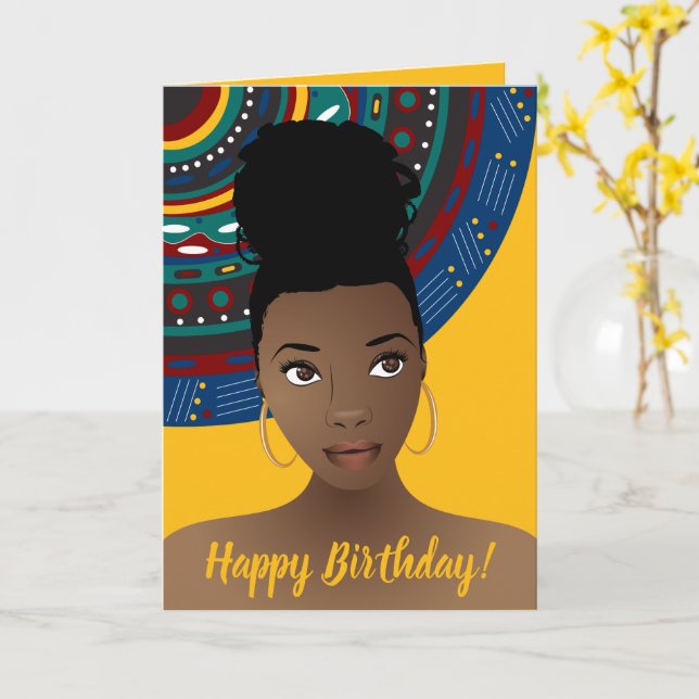 Happy Birthday! Black Woman, Tribal Inspired, Gold Card (Yellow Flower)