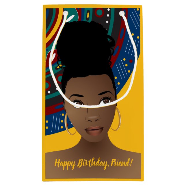 Happy Birthday! Black Woman, Tribal Inspired, Gold Small Gift Bag (Back)