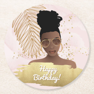 Happy Birthday, Black Woman, Tropical Gold & Pink Round Paper Coaster