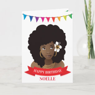 Happy Birthday, Black Woman w/Flower, Colourful Card