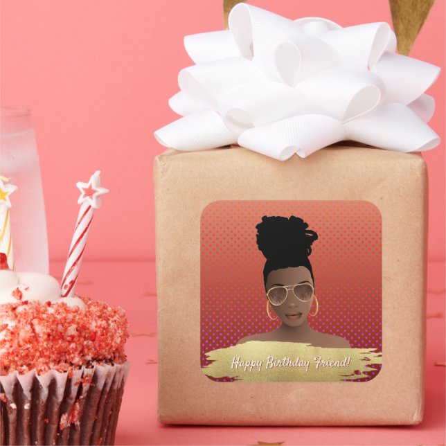 Happy Birthday! Black Woman w/Gold Shades Copper Square Sticker (Party)