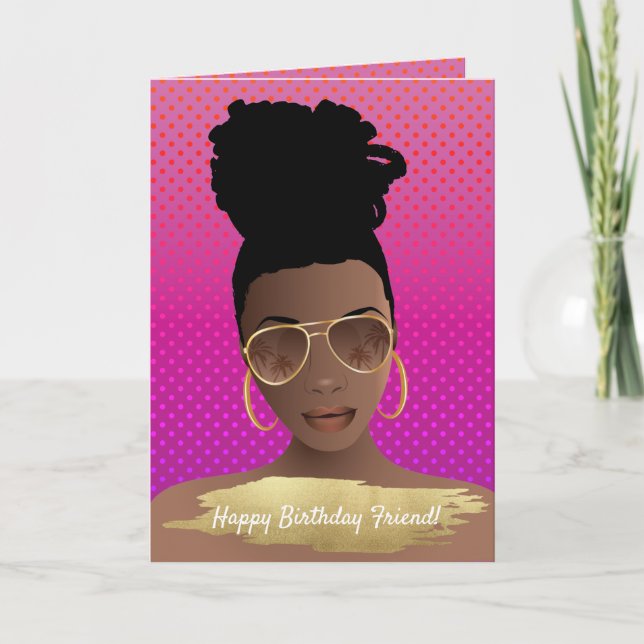 Happy Birthday! Black Woman w/Gold Shades Pink Card (Front)