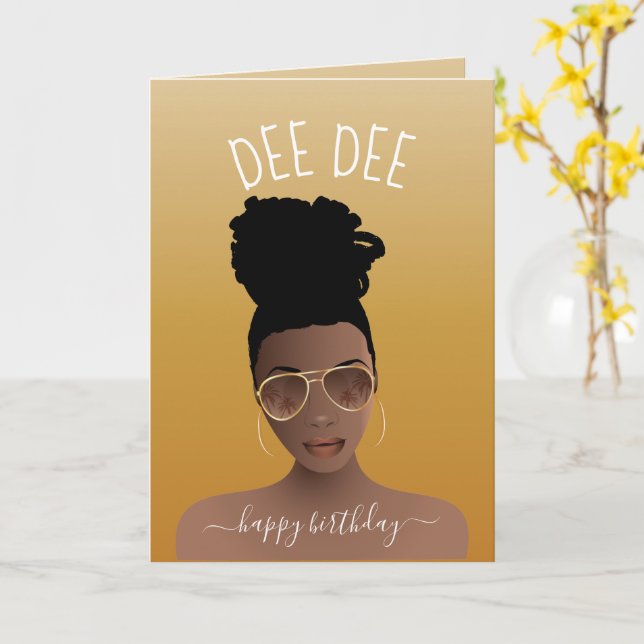 Happy Birthday, Black Woman w/Shades Gold Yellow Card (Yellow Flower)