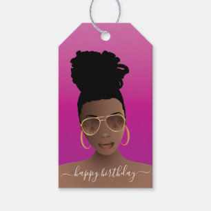Happy Birthday, Black Woman w/Shades Pink, Magenta Gift Tags