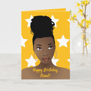 Happy Birthday! Black Woman, White Stars, Gold Card