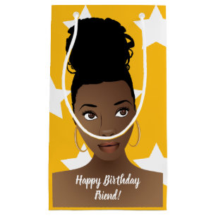 Happy Birthday! Black Woman, White Stars, Gold Small Gift Bag