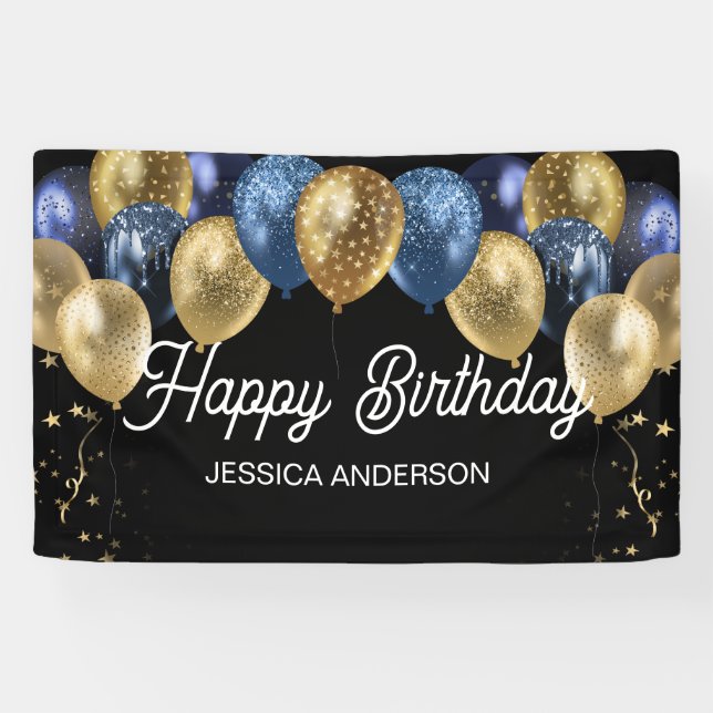 Happy Birthday Blue and Gold Balloons  Banner (Horizontal)