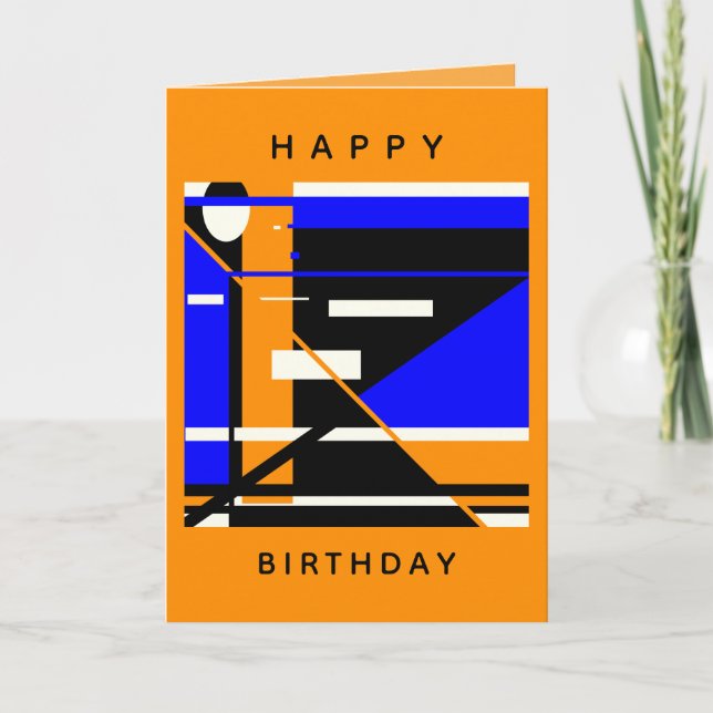 Happy Birthday Blue Black White Orange MCM Look Card (Front)