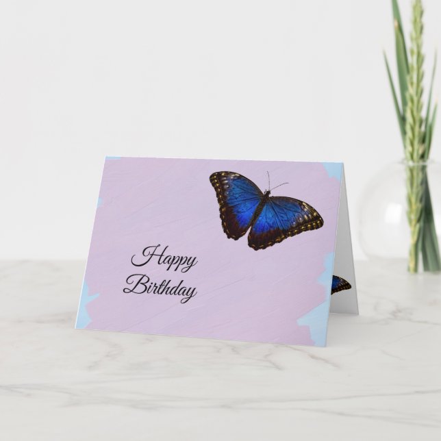 Happy Birthday Blue Butterfly Design Script Text Card (Front)