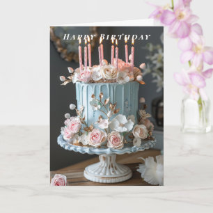 Happy Birthday  Blue  Cake Candles Spring Flowers  Card