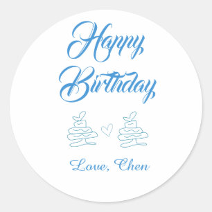 happy birthday blue cake heart name love pastel classic round sticker
