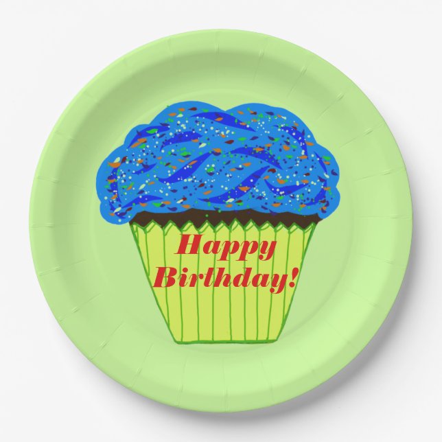Happy Birthday Blue Cupcake Paper Plates (Front)