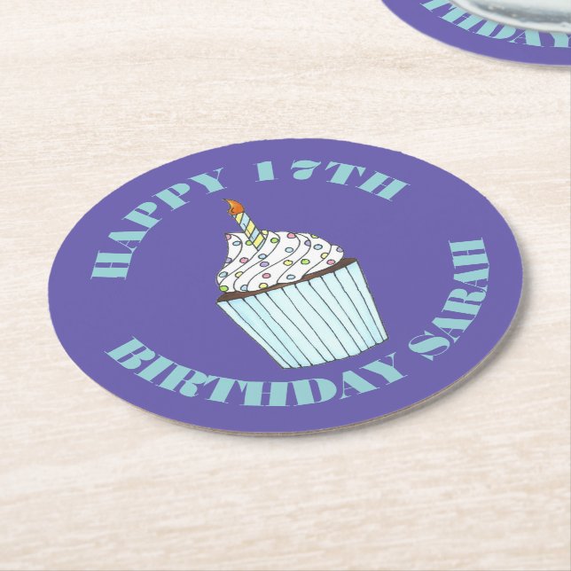 Happy Birthday Blue Cupcake Sprinkles Frosting Round Paper Coaster (Angled)