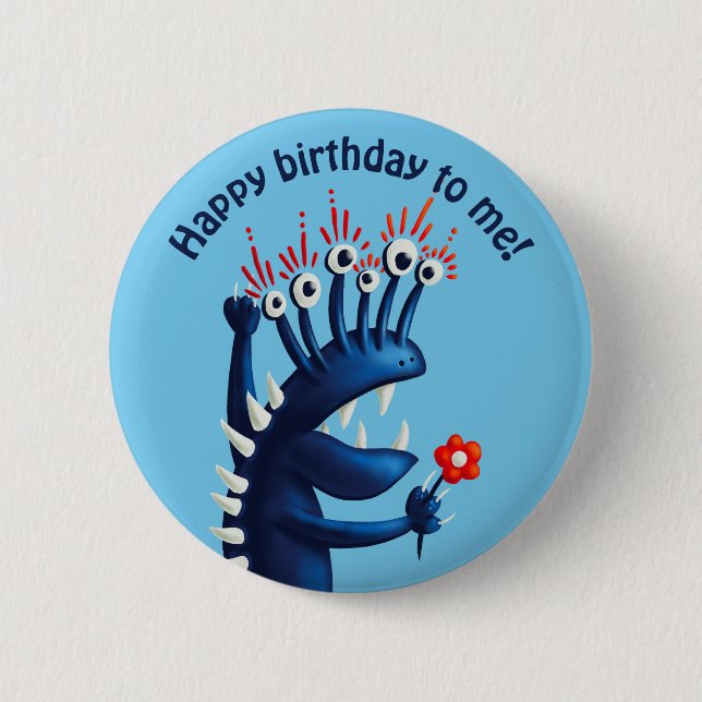 Happy birthday blue funny monster kids 6 cm round badge (Front)