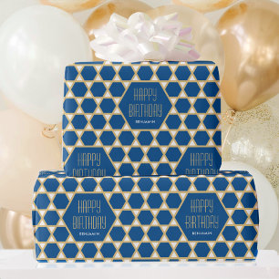 Happy Birthday Blue Gold Star Pattern Personalised Wrapping Paper