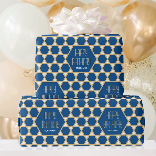 Happy Birthday Blue Gold Star Pattern Personalised Wrapping Paper (Creator Uploaded)
