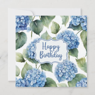 Happy Birthday Blue Hydrangea Flowers Watercolor  Card