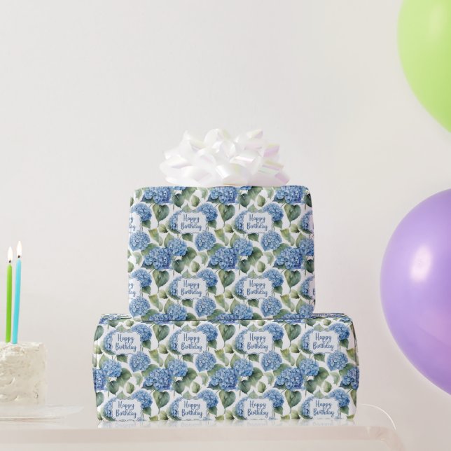 Happy Birthday Blue Hydrangea Flowers Watercolor  Wrapping Paper (Party Gifts)