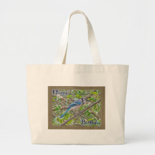Happy Birthday Blue Jay Large Tote Bag
