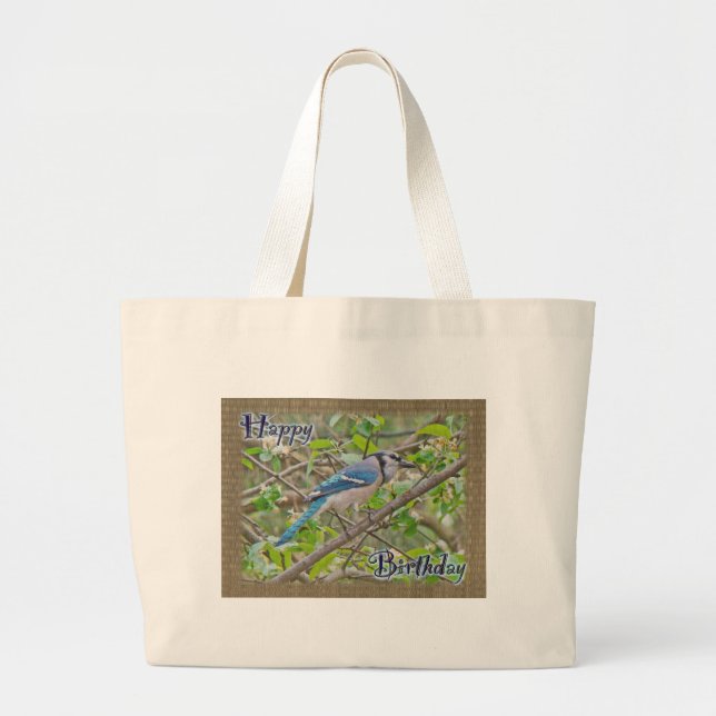 Happy Birthday Blue Jay Large Tote Bag (Front)