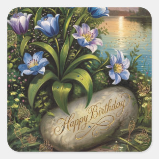 Happy Birthday Blue Lily Lakeside Greeting Square Sticker