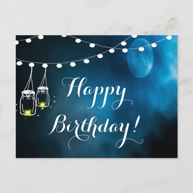 Happy Birthday blue moon light strings mason jars Postcard (Front)