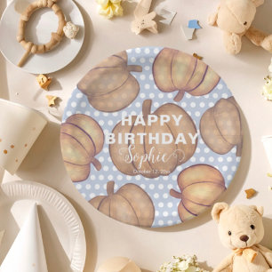 Happy Birthday Blue & Orange Pumpkin Party Paper Plate
