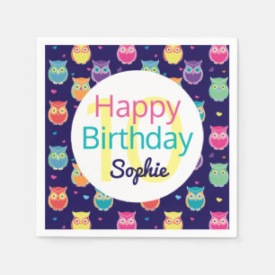 Happy Birthday Blue Owl Pattern Personalised Kids Napkin