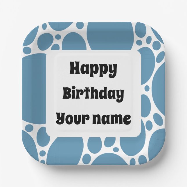 Happy birthday, blue pattern  paper plate (Front)