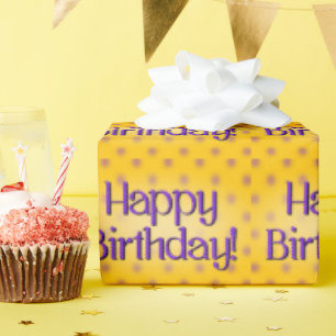 Happy Birthday Blue Polka Dot Text Yellow Bkgrd Wrapping Paper