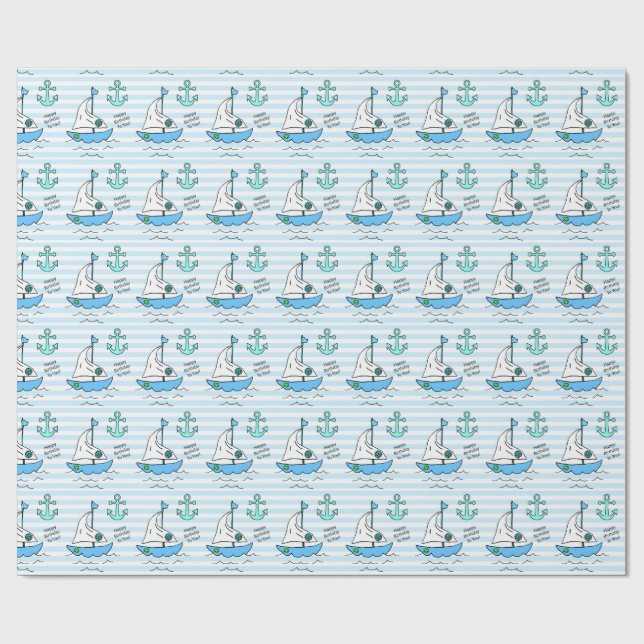 Happy Birthday Blue Sailboat Wrapping Paper (Flat)