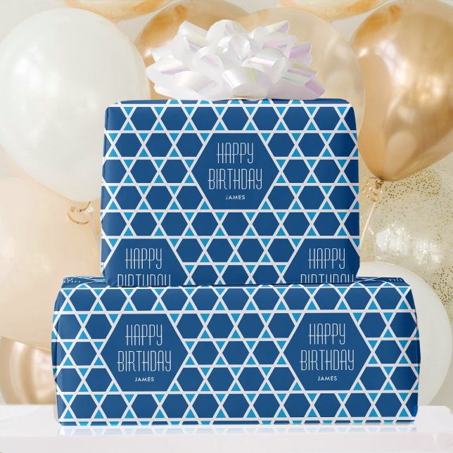 Happy Birthday Blue Star Pattern Personalised Wrapping Paper (Creator Uploaded)