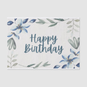 Happy Birthday Blue Watercolor Flowers Pastel Tissue Paper