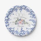 Happy Birthday Blue White Florals Paper Plate