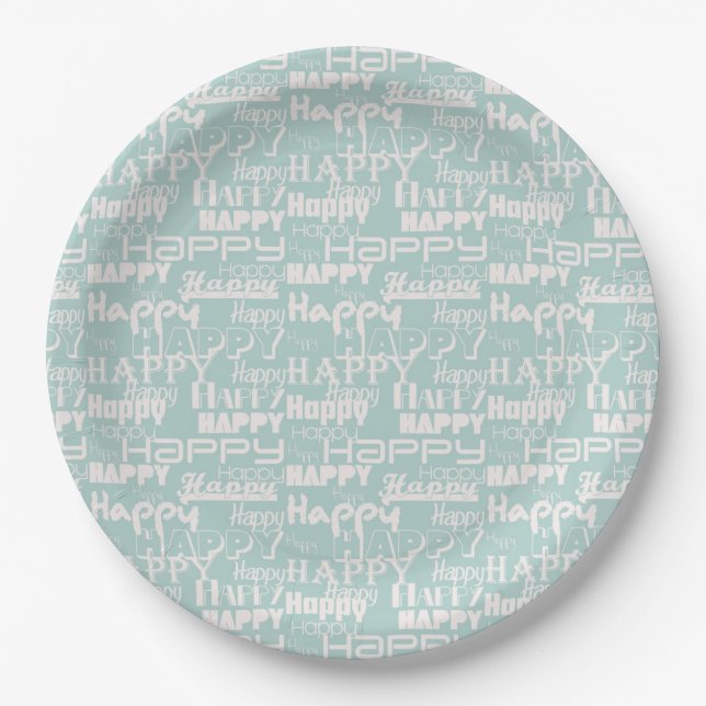 Happy Birthday Blue White Paper Plate (Front)