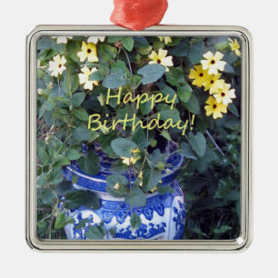 Happy Birthday Blue Yellow vine blue willow Metal Ornament