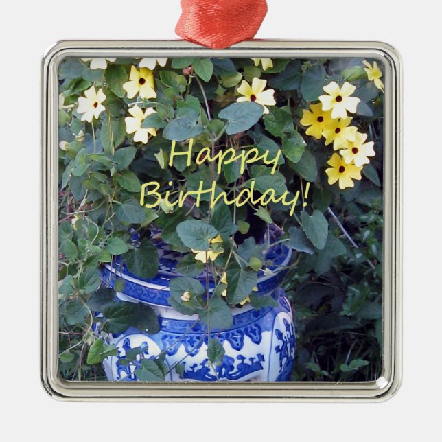Happy Birthday Blue Yellow vine blue willow Metal Ornament (Front)