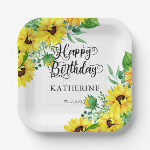 Happy Birthday Boho Sunflowers   Eucalyptus  Paper Plate