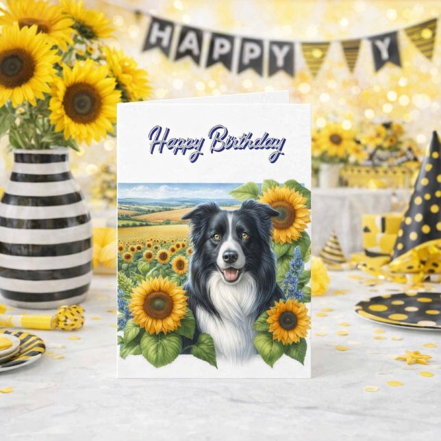 Happy Birthday Border Collie  Card (A cheerful Border Collie brings sunflower sunshine to your special birthday celebration. Dog Love!)