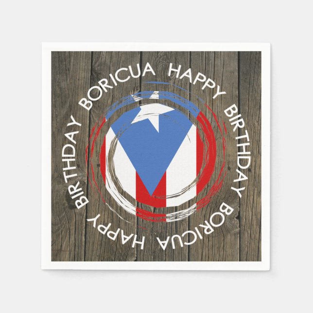 Happy Birthday Boricua Theme on Rustic Wood Napkin (Front)