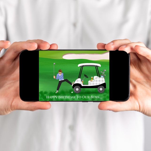 Happy Birthday Boss- Golfer In Funny Situation Card (Navigate a hilarious golfing mishap with this 'fairway' out birthday instant card!)